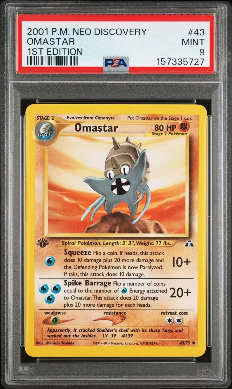 PSA 9 MINT Omastar 1st Edition 43/75 Pokémon 2001 Neo Discovery Graded Card